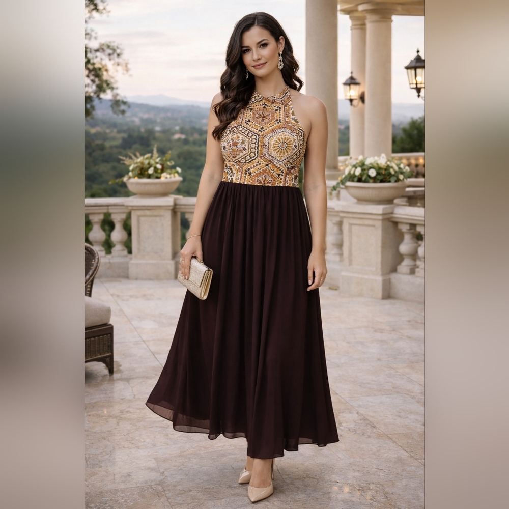 mamie ruth backless Patterned Maxi Dress - Brown and Orange.Pit To Pit 17"no tag
